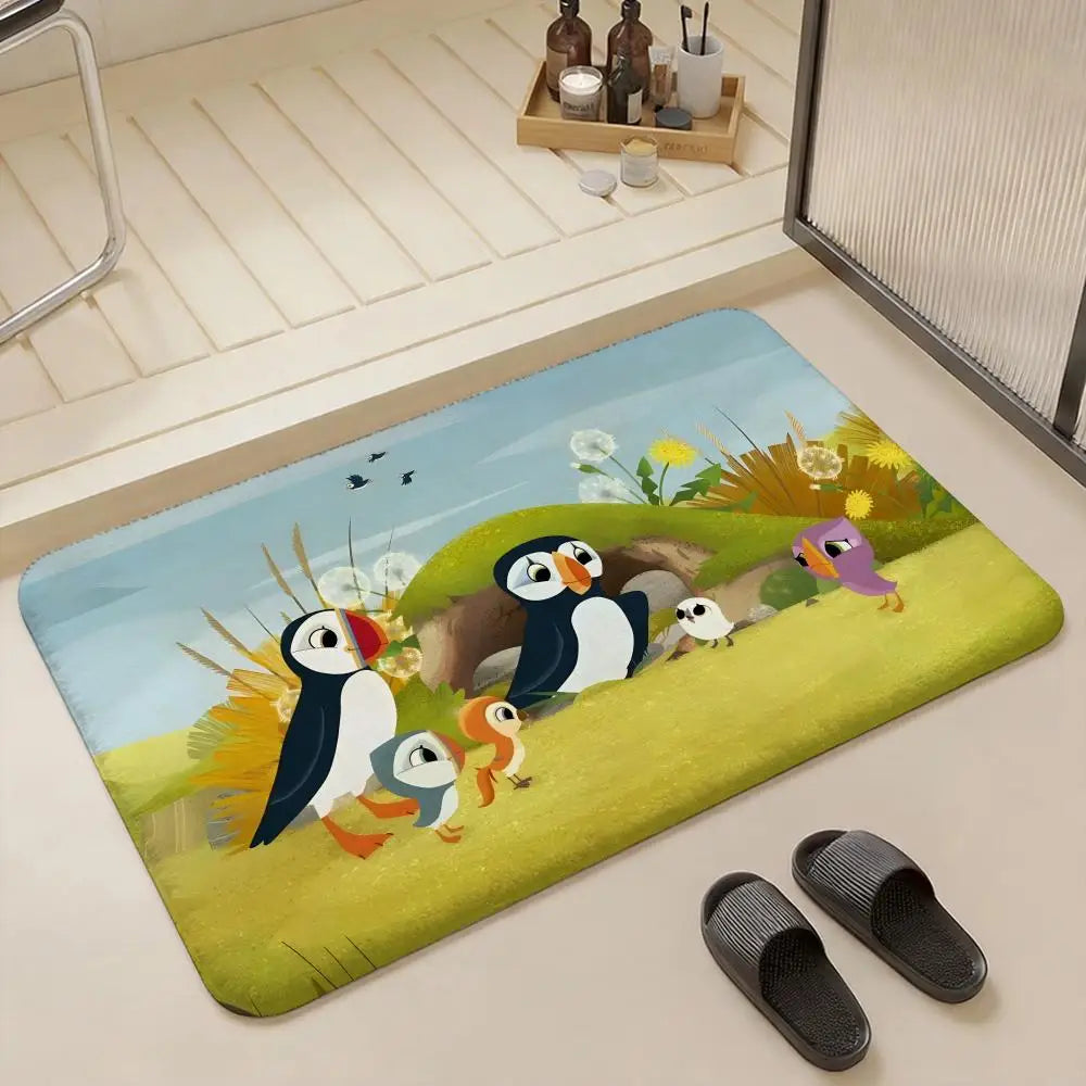 Kids Cartoon Puffin Flannel Floor Rug – Soft Non-Slip Indoor Mat