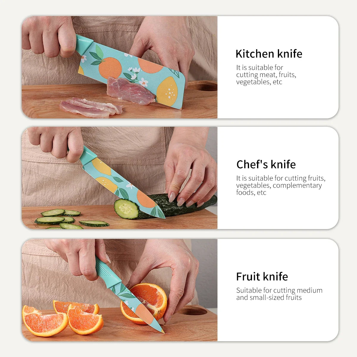 3-Piece Kitchen Knife Set – Stainless Steel Fruit Print Knives
