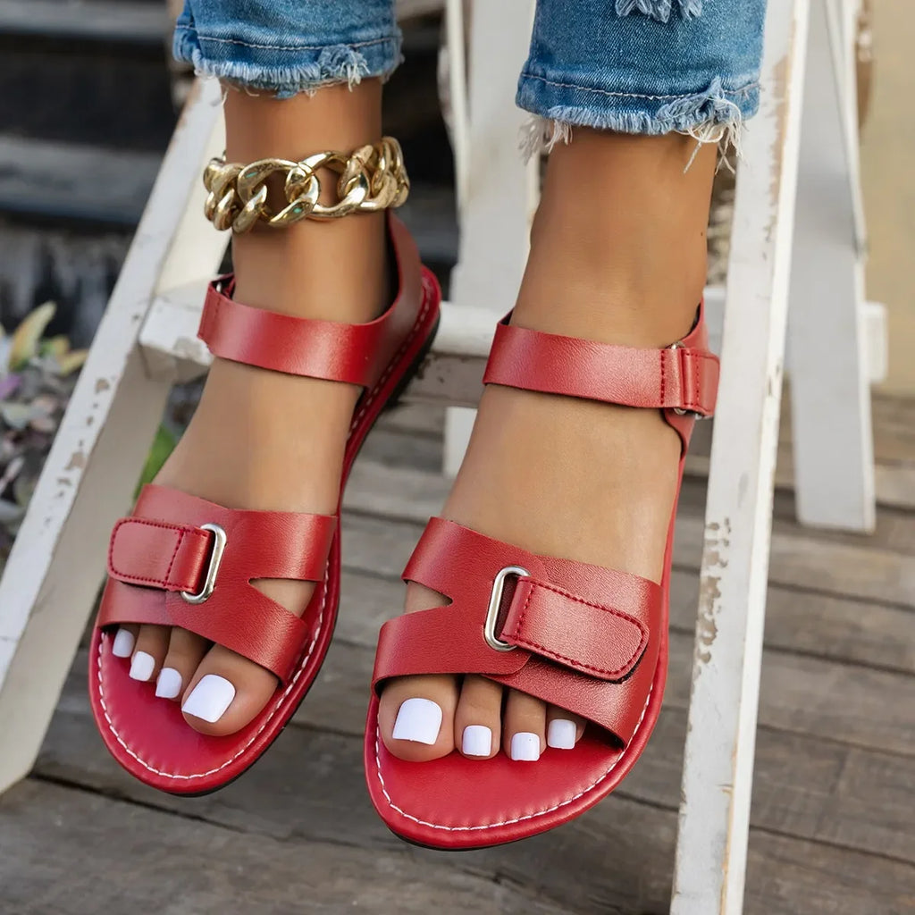 Women's Flat Sandals – Metal Buckle Open Toe Beach Roman Shoes