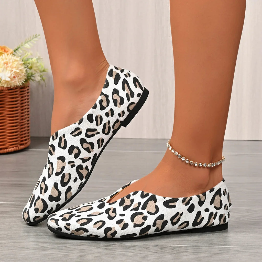 Women's Leopard Print Faux Suede Slip-On Flats | Square Toe