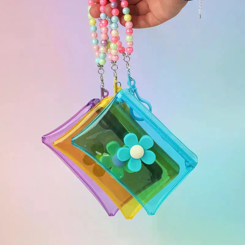 Flower Bead Chain Coin Purse – Clear PVC Zipper Mini Wallet