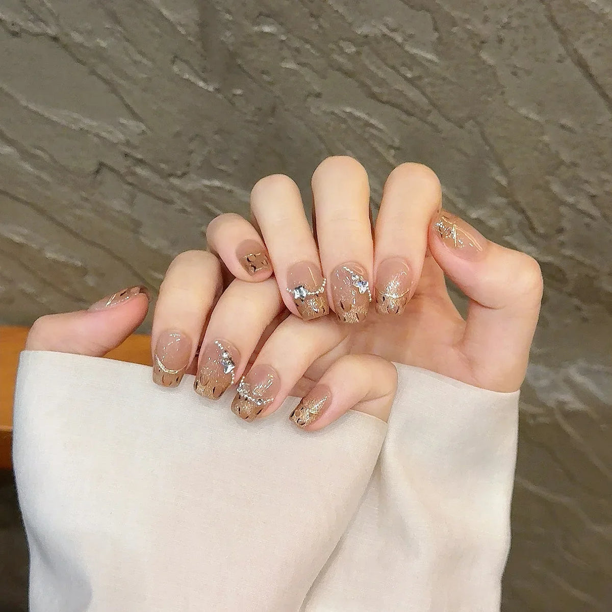 Handmade French Leopard Press-On Nails | Rhinestone Almond Tips