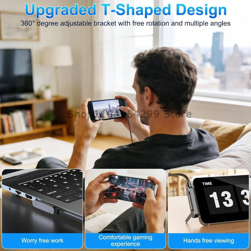 240W USB-C Flat Cable with Foldable Phone Stand Holder