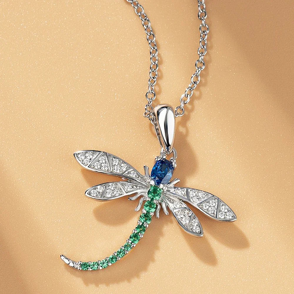Huitan Colorful Dragonfly Pendant Necklace – CZ Stone Women
