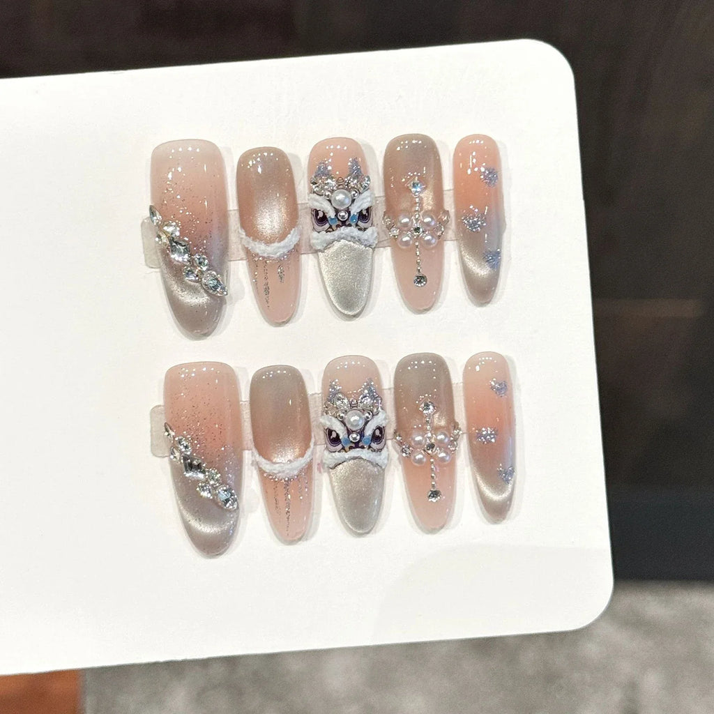3D Lion Pearl Press On Nails | Cat's Eye Almond False Nails