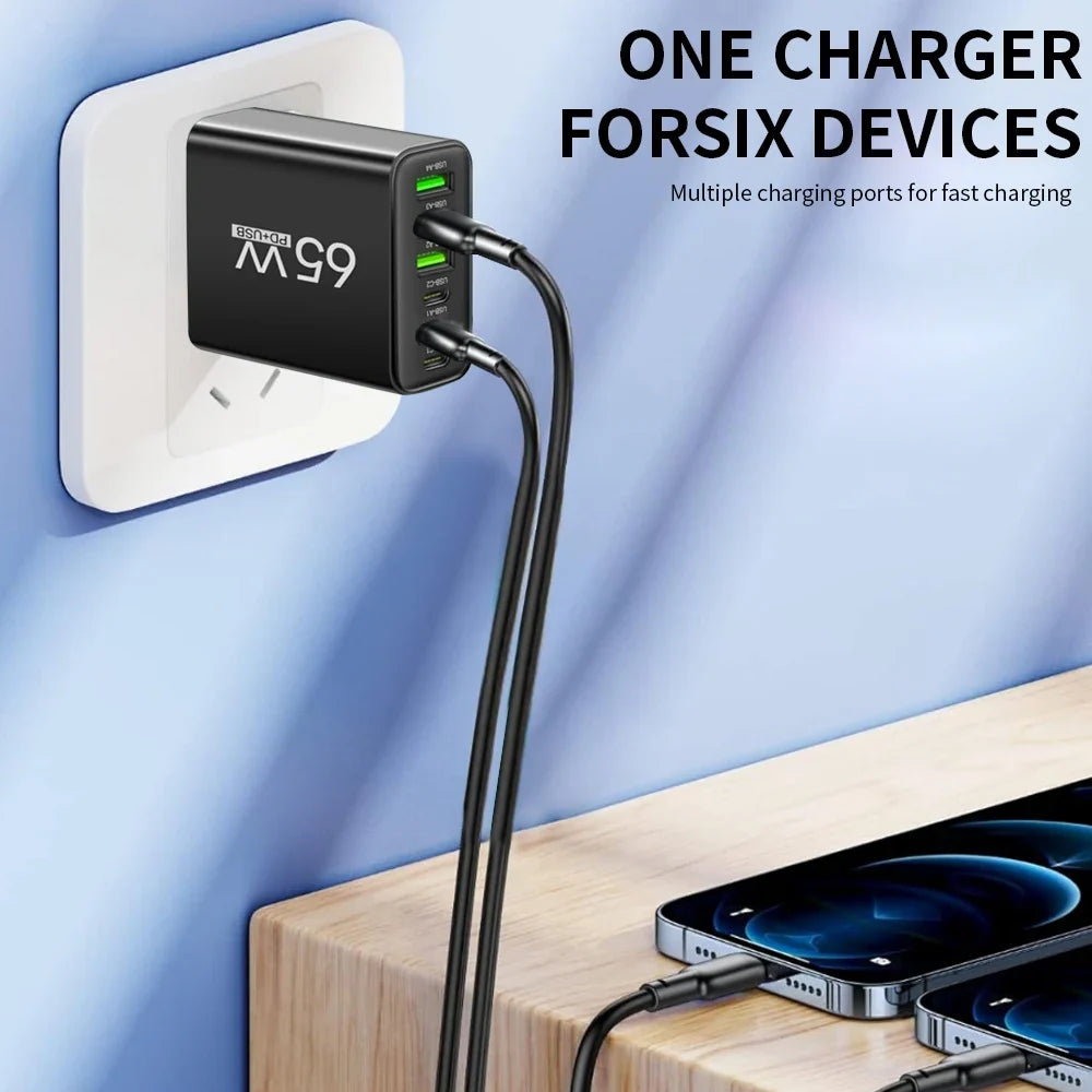 6-Port 65W USB-C Fast Charger Wall Adapter | EU & US Plug