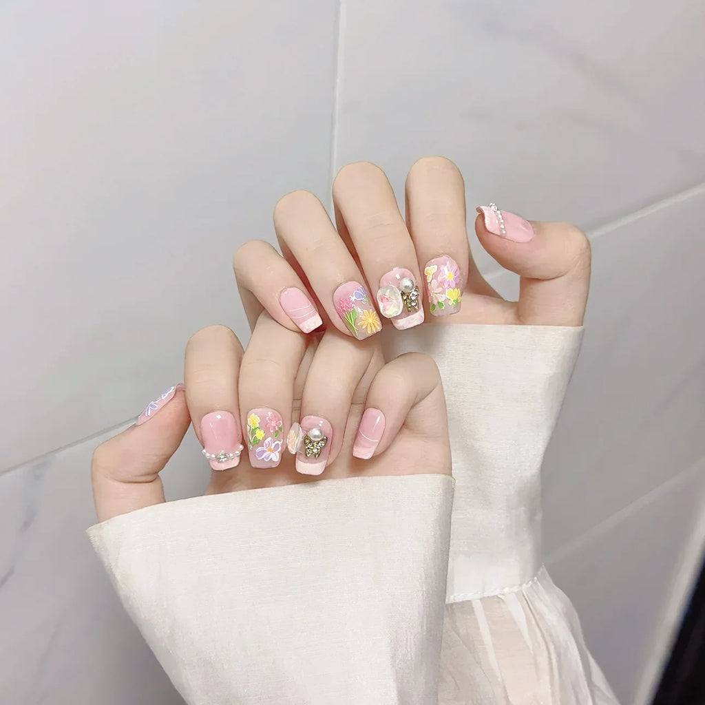 Handmade Press-On Nails Short Pink French Flowers | 10pcs Set