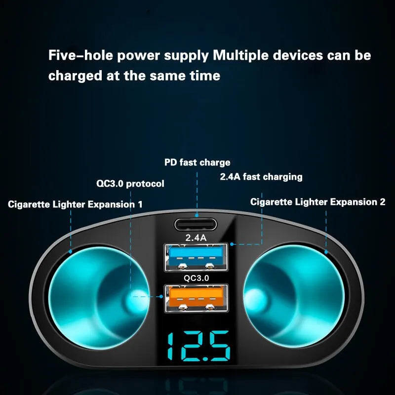 Dual-Port Car Charger Digital Display – QC3.0 & 2.4A 20W