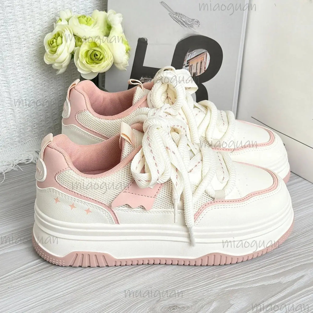 Women's Lace-Up Vulcanized Flat Sneakers | Mixed Color Casual