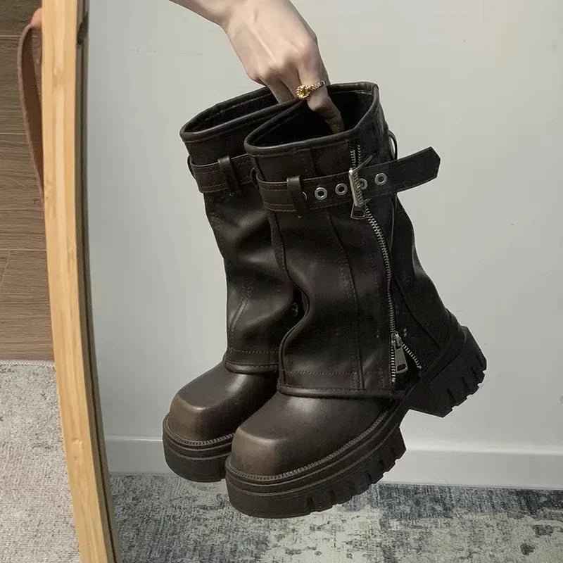 Women's Winter Platform Biker Boots – Belt Buckle Mid-Calf