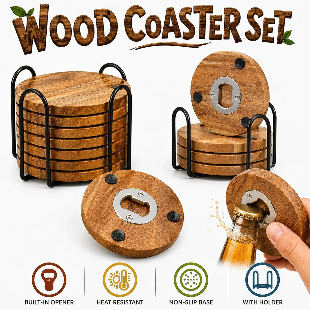 Wooden Coaster with Bottle Opener 2-in-1 | 6 or 8 Pack