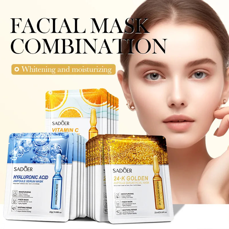 SADOER 24K Gold Vitamin C & Hyaluronic Acid Face Mask 10/20/30pc