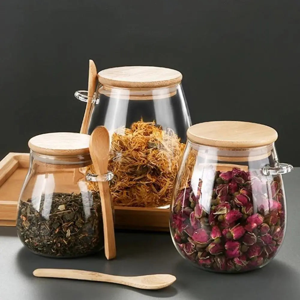Airtight Glass Storage Jars with Bamboo Lid & Wooden Spoon
