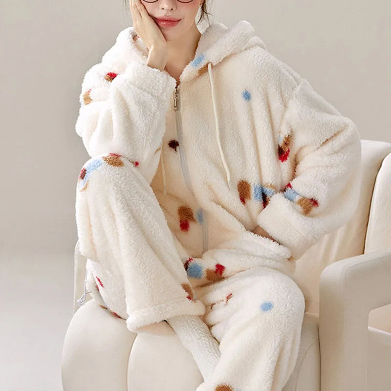 Women's Hooded Cartoon Pajama Set – Warm Fleece 2-Piece Homewear
