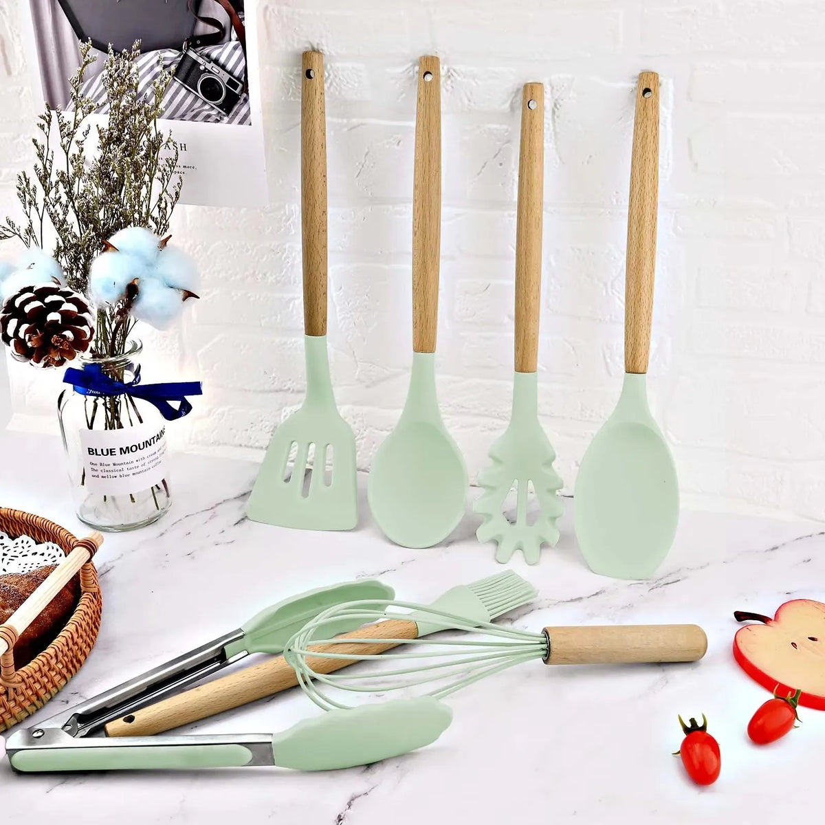 12-Piece Silicone Kitchen Utensil Set – Wood Handle & Storage