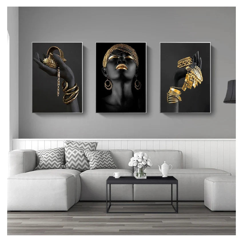African Black Woman Canvas Wall Art | Gold Jewelry Poster Print