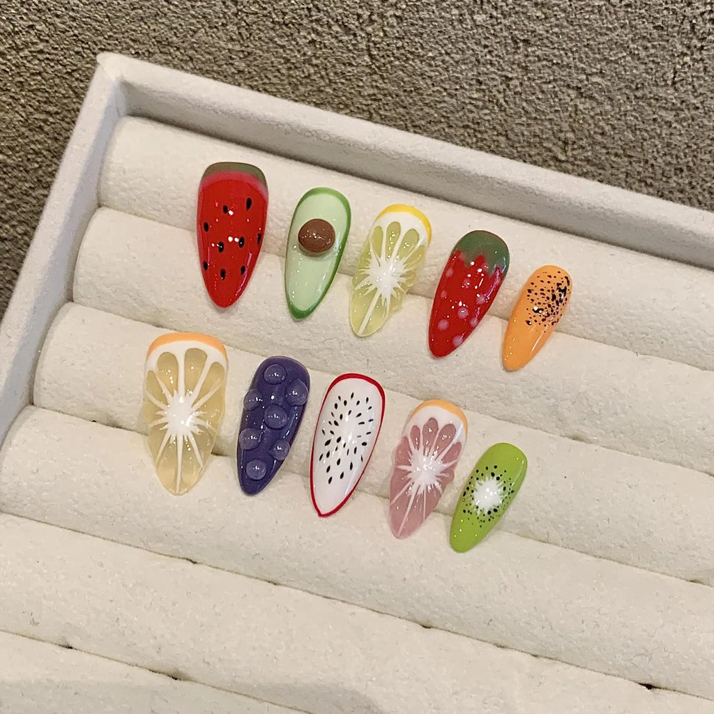 Handmade Summer Fruit Press-On Nails | Grapes Peaches 10pcs