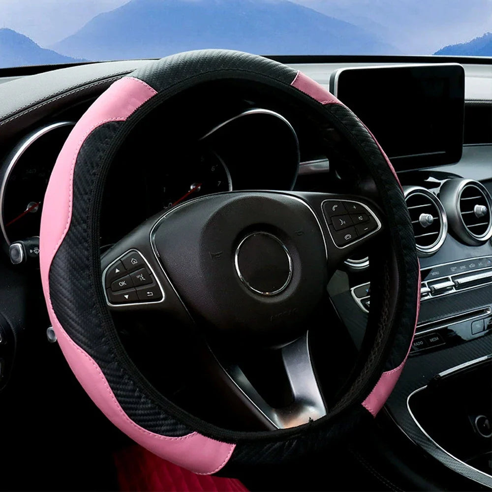 PU Carbon Fiber Steering Wheel Cover | 14.5–15 Inch Fit