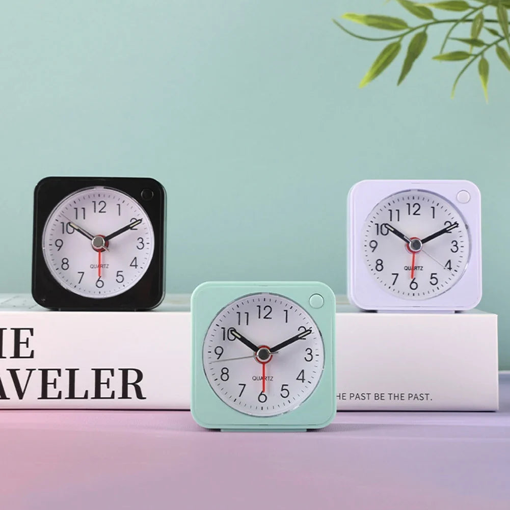 Mini Square Travel Alarm Clock – Silent Analog with Night Light