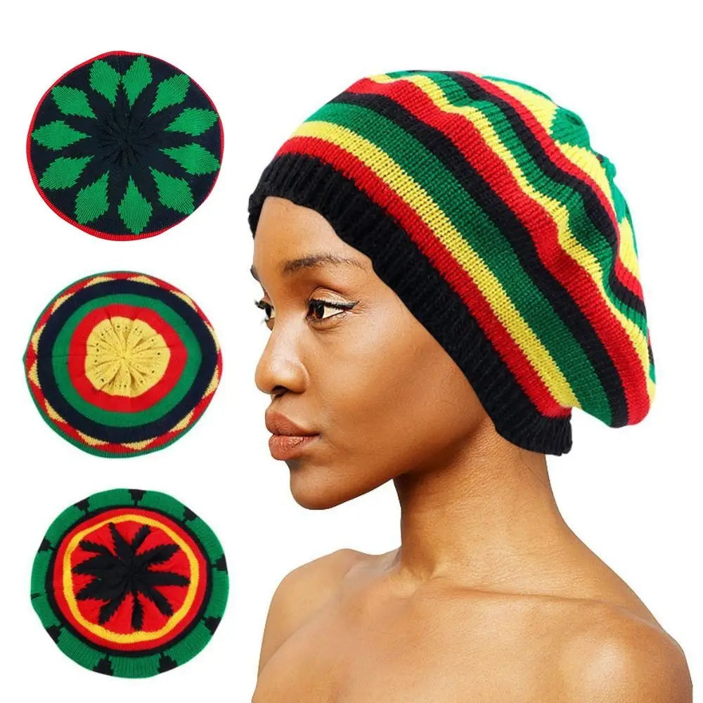 Jamaican Reggae Loose Knit Beanie – Rainbow Stripe Winter Hat