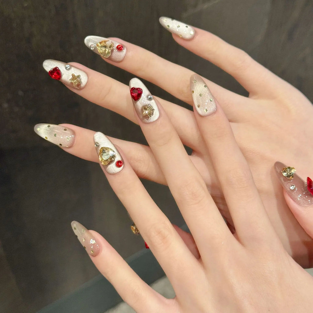 Press On Nails Pink Almond Cat Eye Korean Flower Design – 10pc