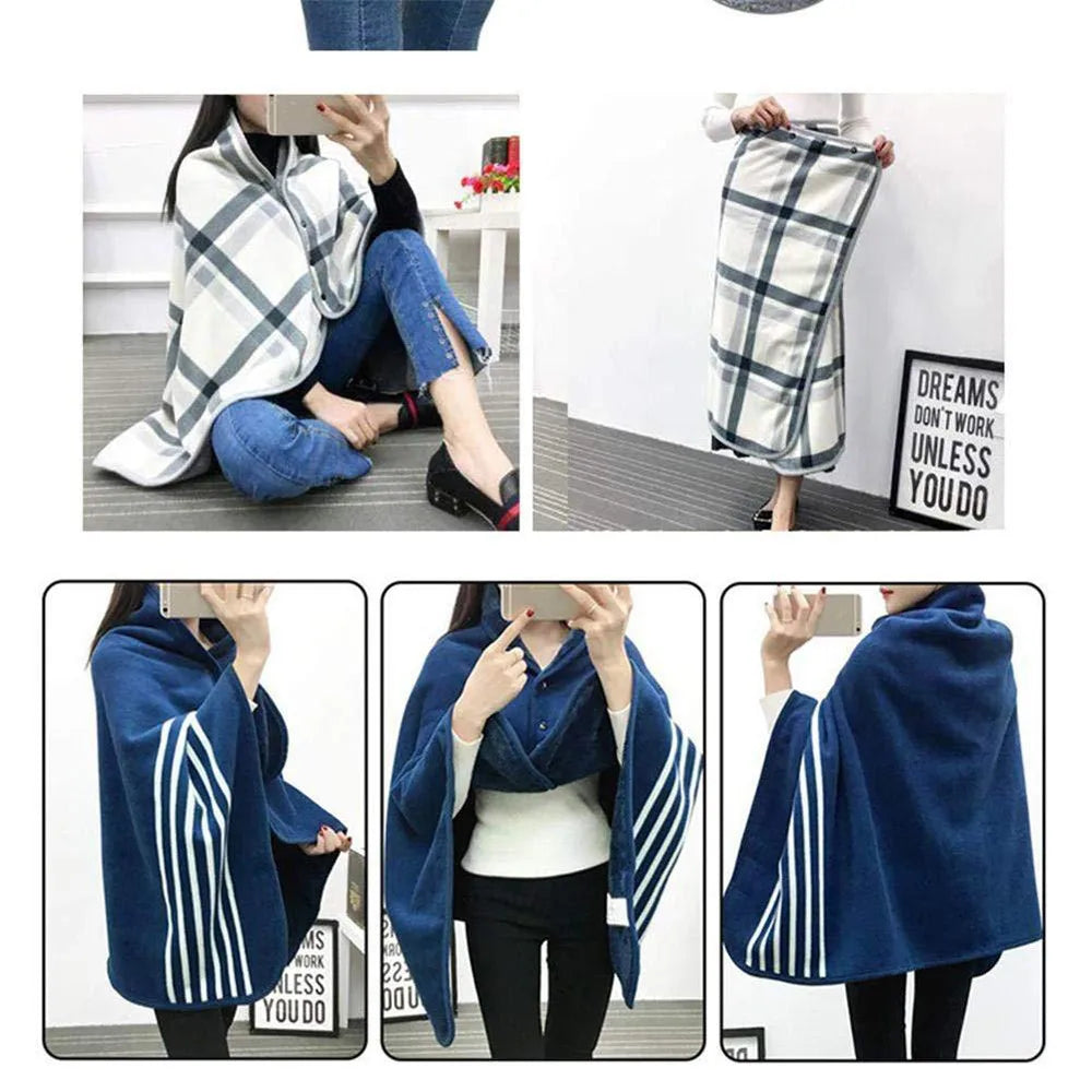 Wearable Plaid Fleece Throw Blanket with Button | Shawl Wrap