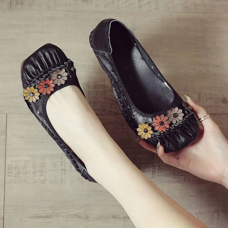 Women's Genuine Leather Floral Loafers | Wide Fit Flat Moccasins