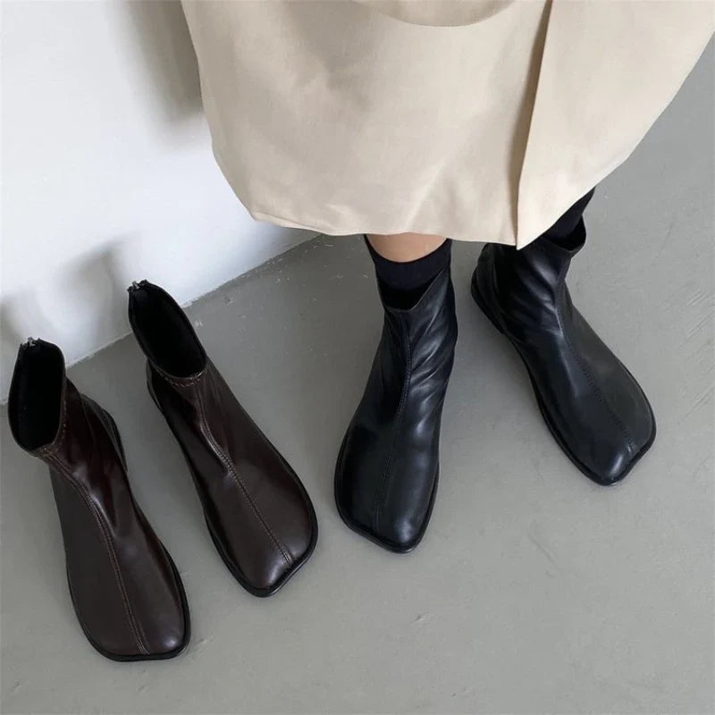 Women's PU Leather Ankle Boots – Square Heel Side Zip