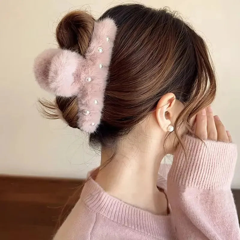 Pearl Plush Big Shark Hair Claw Clip | Cute Winter Accessory