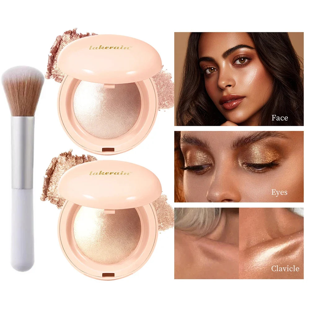 Baked Shimmer Highlighter Powder with Brush – 4 Shades