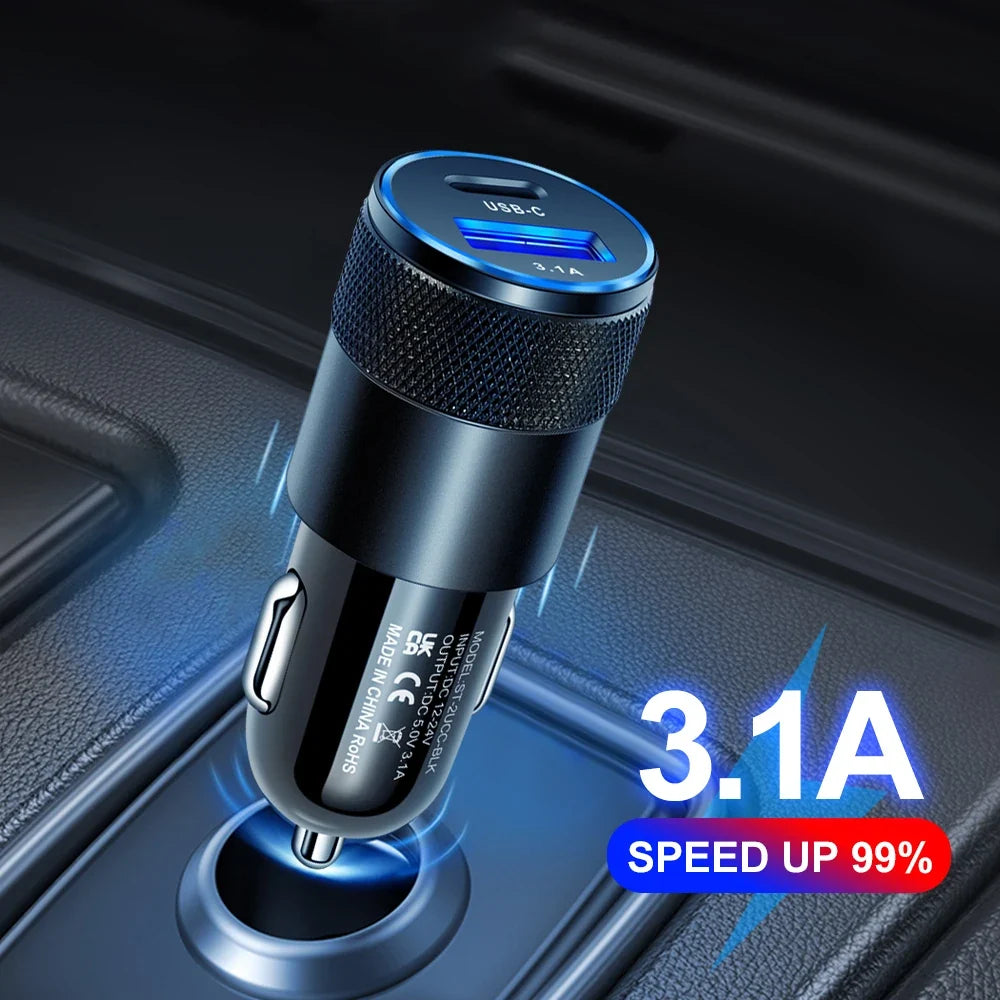 3.1A Dual USB Car Charger QC3.0 & PD Fast Charge Adapter