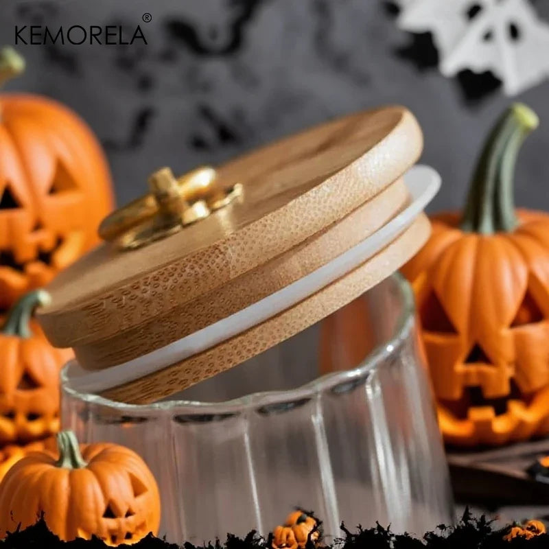 Halloween Glass Candy Jar with Airtight Wood Lid | Canister