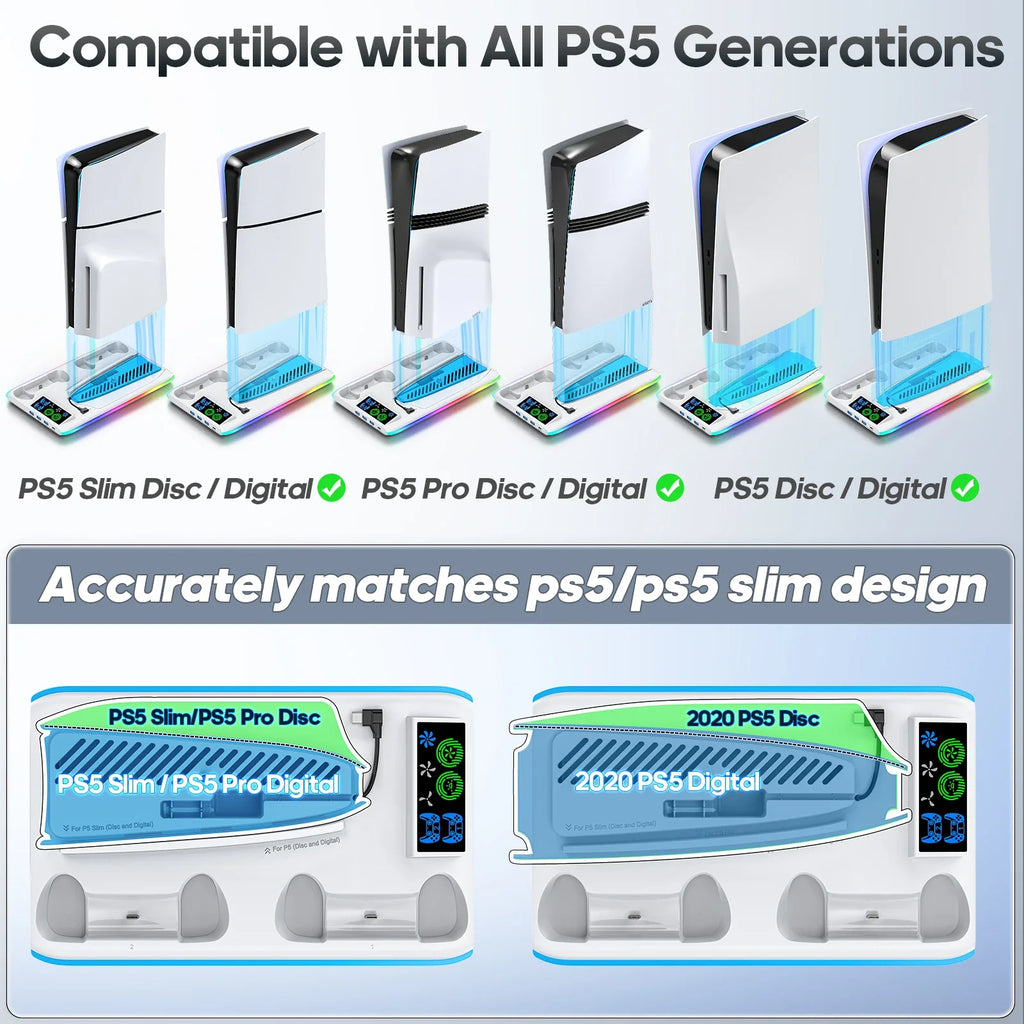 PS5 Stand with Cooling Fan, RGB Lighting & Controller Charging Hub