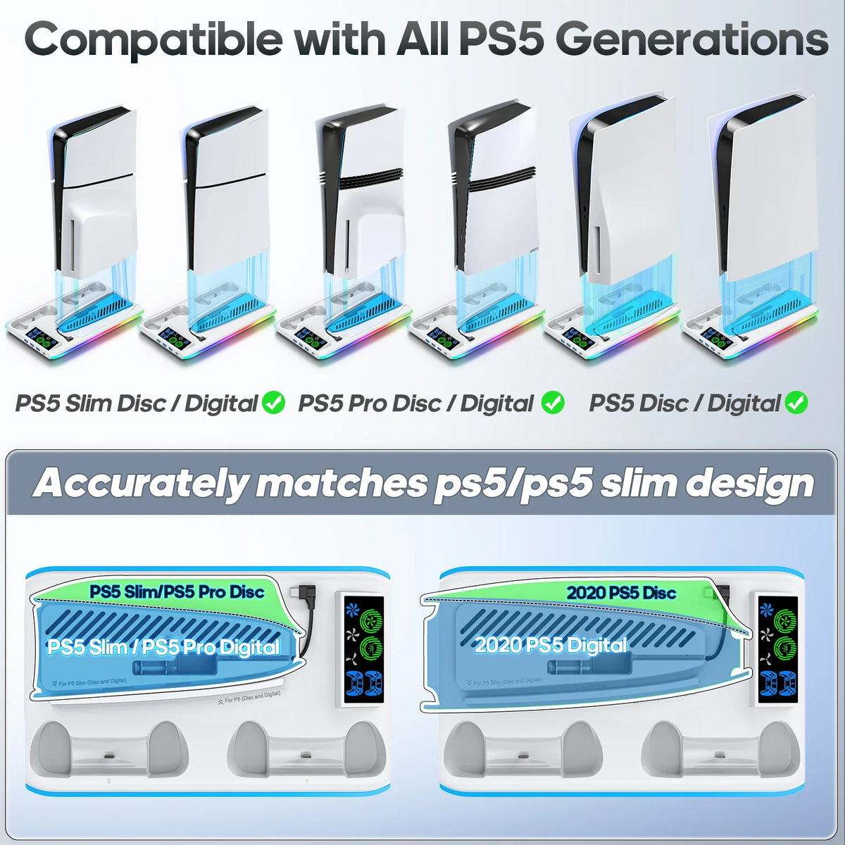PS5 Stand with Cooling Fan, RGB Lighting & Controller Charging Hub