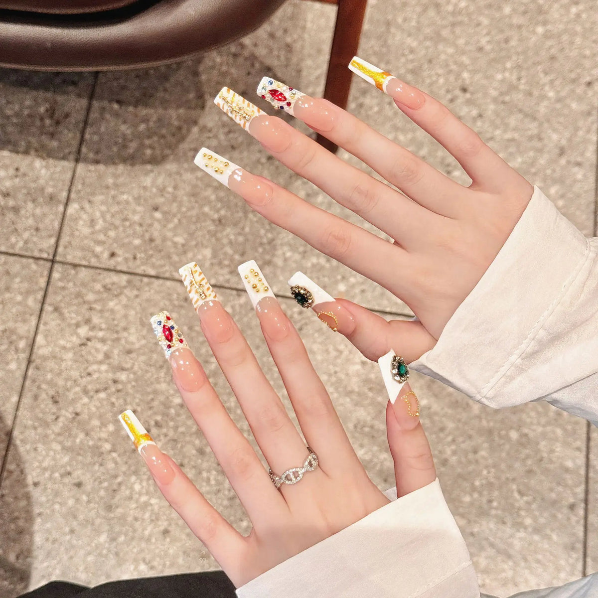 Retro Green Crystal Coffin Press-On Nails | Gothic Long False Nails