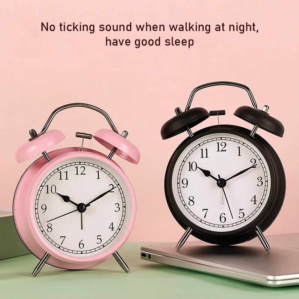 Vintage Twin-Bell Metal Alarm Clock with Night Light | Bedside
