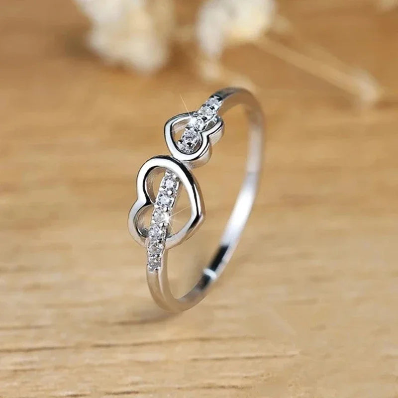 Huitan Double Heart Ring – Cubic Zirconia Sparkling Women's Ring