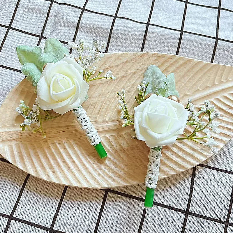 Boutonnieres Flowers Artificial White Roses Silk Ivory Corsage