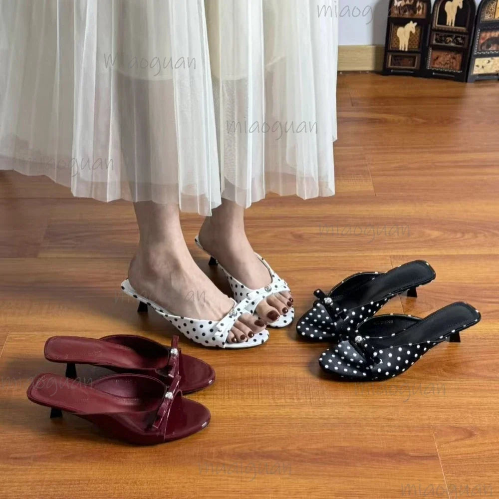 Women's Polka Dot Thin Heel Sandals – Open Toe Slip-On