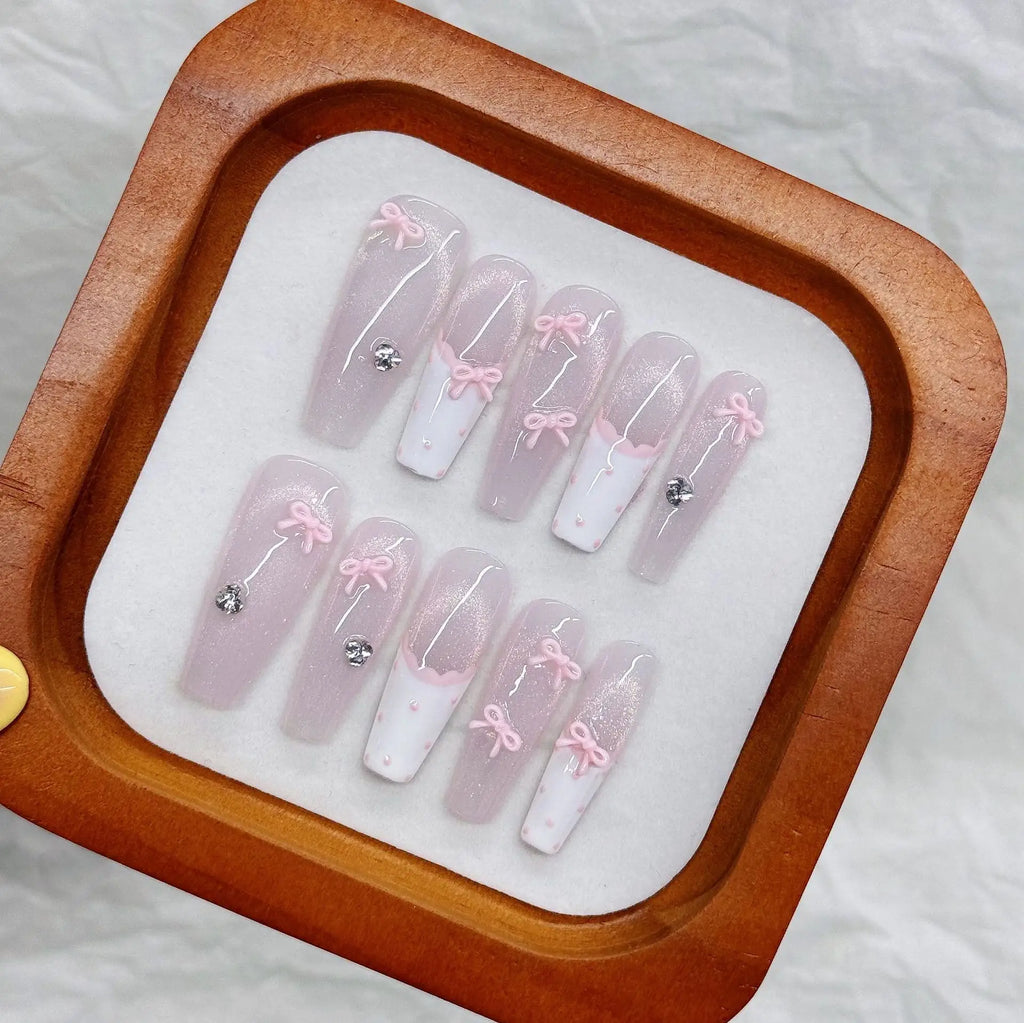 Long Ballet Press-On Nails Pink Bow Glitter French Cat Eye 10pcs