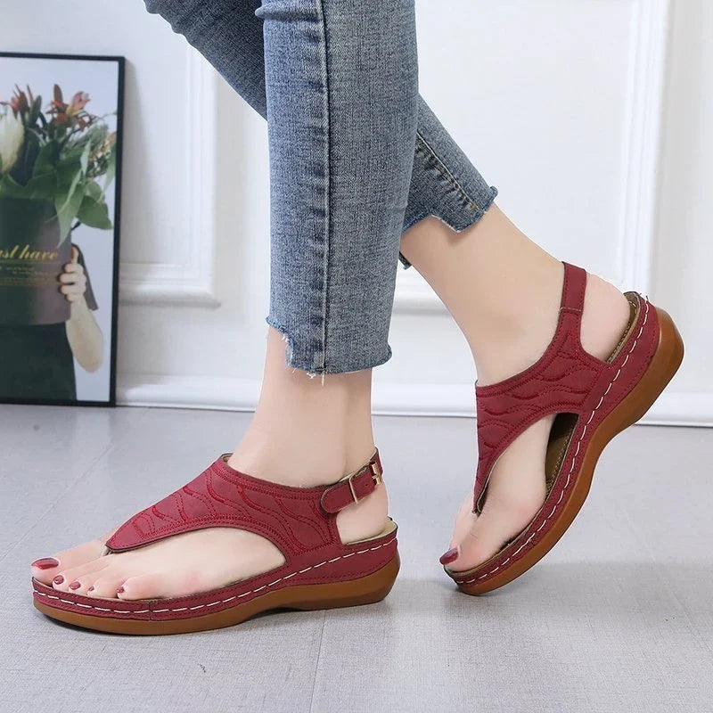 Women's PU Leather Flat Sandals – Buckle Strap Roman Slides