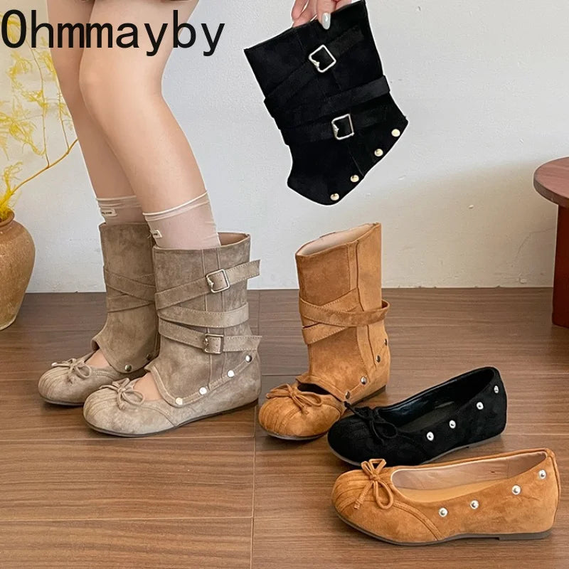 Women's Vintage Hollow-Out Wedge Boots – Multi Buckle Slip-On