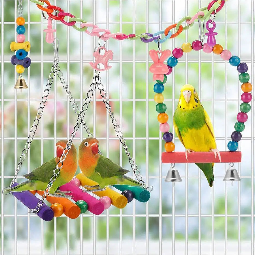 11-Piece Natural Wood Parrot Toy Set – Swing, Chew & Bell Toys