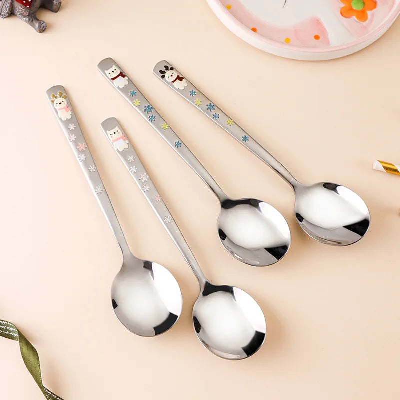 304 Stainless Steel Round Spoon Cartoon Embossed Deer Korean
