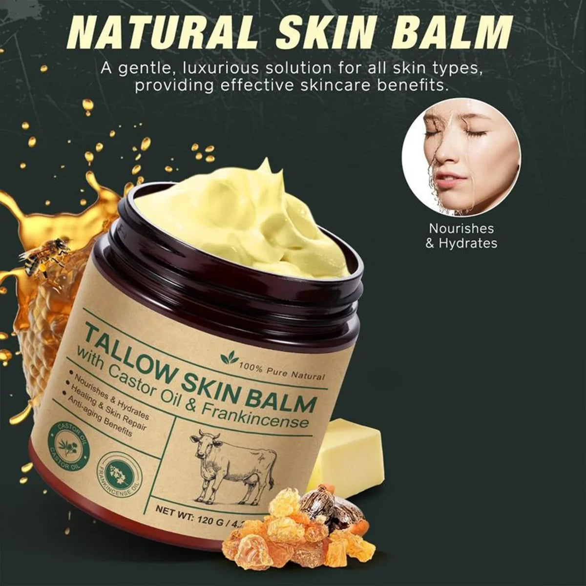 Natural Tallow Face Moisturizer Beeswax Grass-fed Whipped Honey Cream