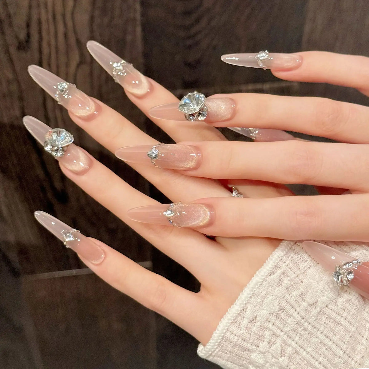 10pcs Luxury Cat's Eye Press-On Nails | K9 Diamond Champagne