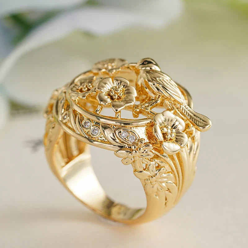 Huitan Gold Hollow Flower Bird Ring – Women's Fashion Jewelry