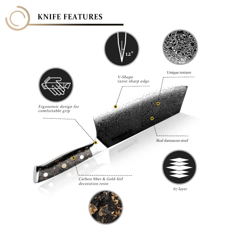 Grandsharp 7.5" Damascus Steel Chinese Cleaver – Carbon Fiber