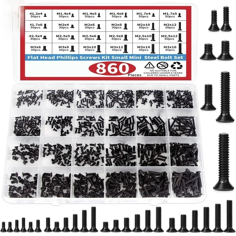 860PCS M1.2–M3 Black Countersunk Screws Kit | Carbon Steel Phillips