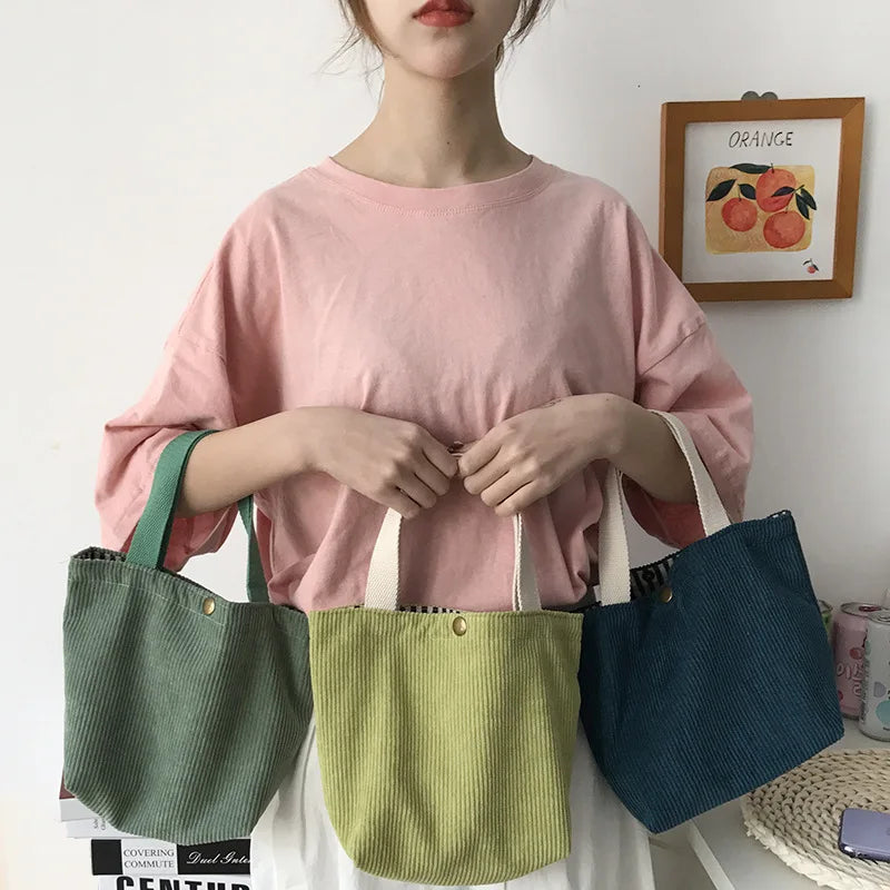 Lunch Bag Corduroy Canvas Box Drawstring Picnic Tote Eco Cotton Cloth